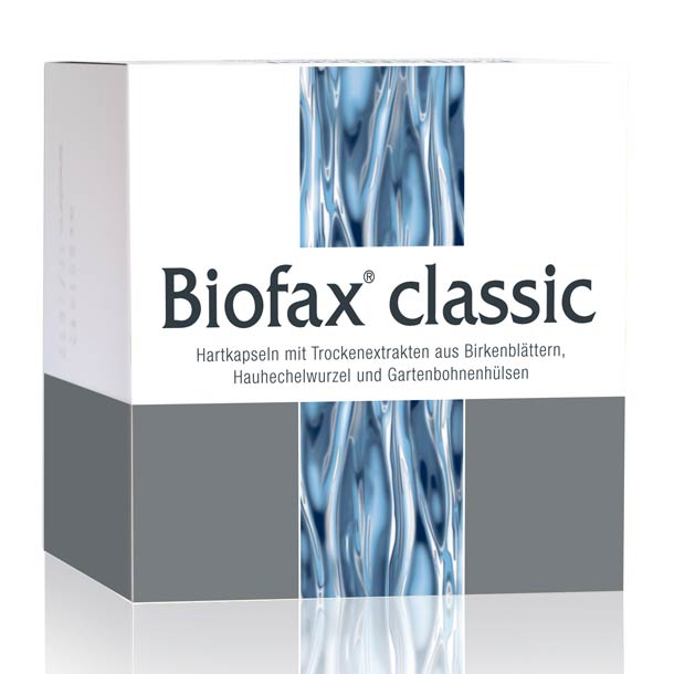 Schachtel mit klassischen Biofax-Kapseln mit blauem abstraktem Design und deutschem Text, der auf der Vorderseite die pflanzlichen Inhaltsstoffe des Produkts beschreibt.