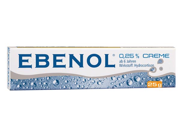 Eine Schachtel Ebenol 0,25% Creme Hydrocortison, 25 g, mit blau-weißem Design und Wassertropfengrafik.