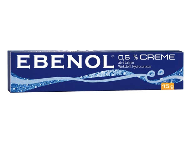 Blau-weiße Schachtel Ebenol 0,5% Creme, 15 g, mit Wassertropfen und deutschem Text.