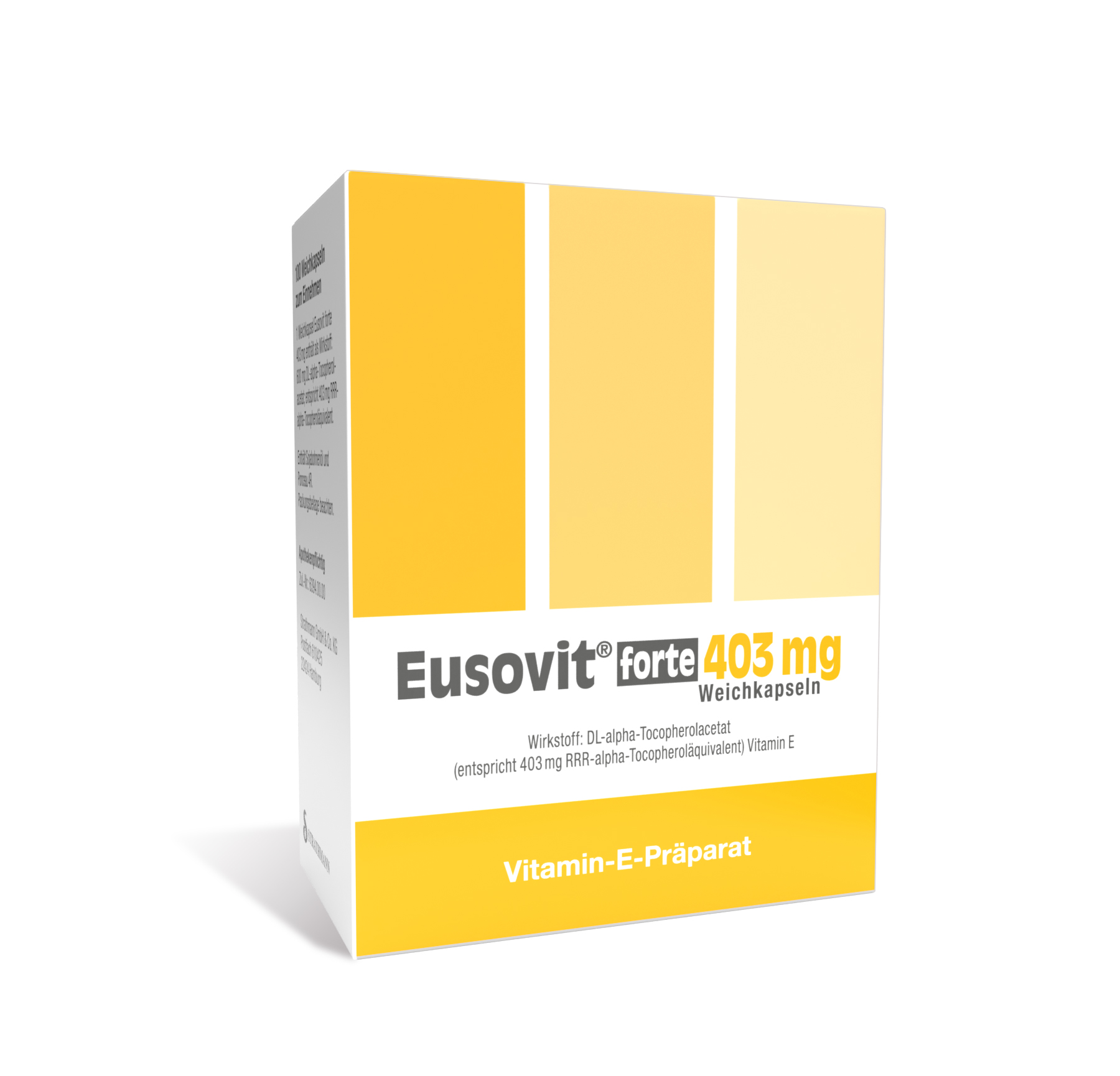 Eine Schachtel Weichkapseln Eusovit forte 403 mg, ein Vitamin-E-Präparat, mit gelb-weißem Design.