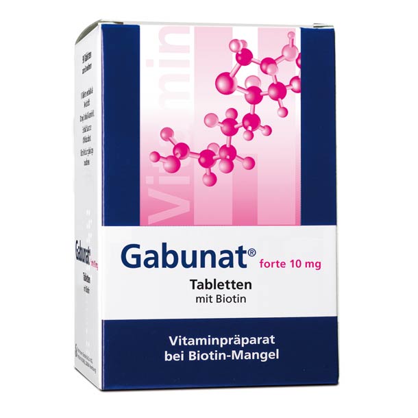 Eine Schachtel Gabunat forte 10 mg Tabletten mit Biotin, gekennzeichnet als Vitaminpräparat bei Biotinmangel.