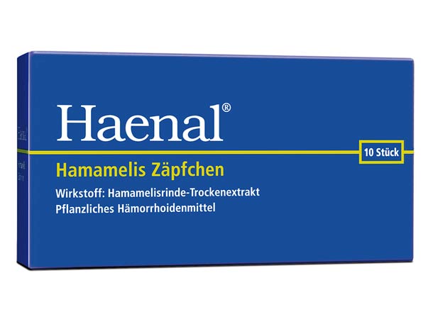 Blaue Schachtel Haenal Hamamelis Zäpfchen, ein pflanzliches Hämorrhoidenmittel mit 10 Zäpfchen, Text in Deutsch.
