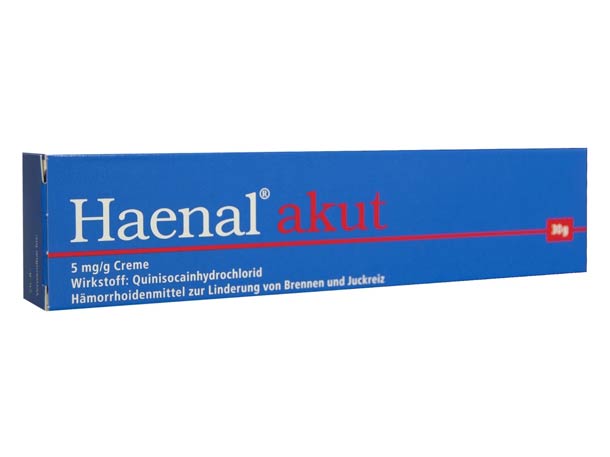 Blaue Schachtel Haenal akut 5 mg/g Creme, ein Medikament gegen Hämorrhoiden, mit weiß-rotem deutschen Text auf der Verpackung.