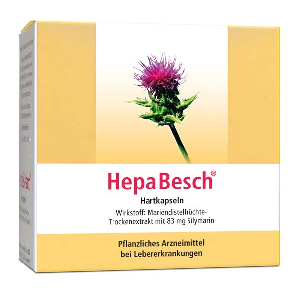 Eine weiß-gelbe Schachtel HepaBesch-Kapseln mit der Abbildung einer Mariendistelblüte zur Behandlung von Lebererkrankungen. Der Text auf der Verpackung ist in deutscher Sprache.