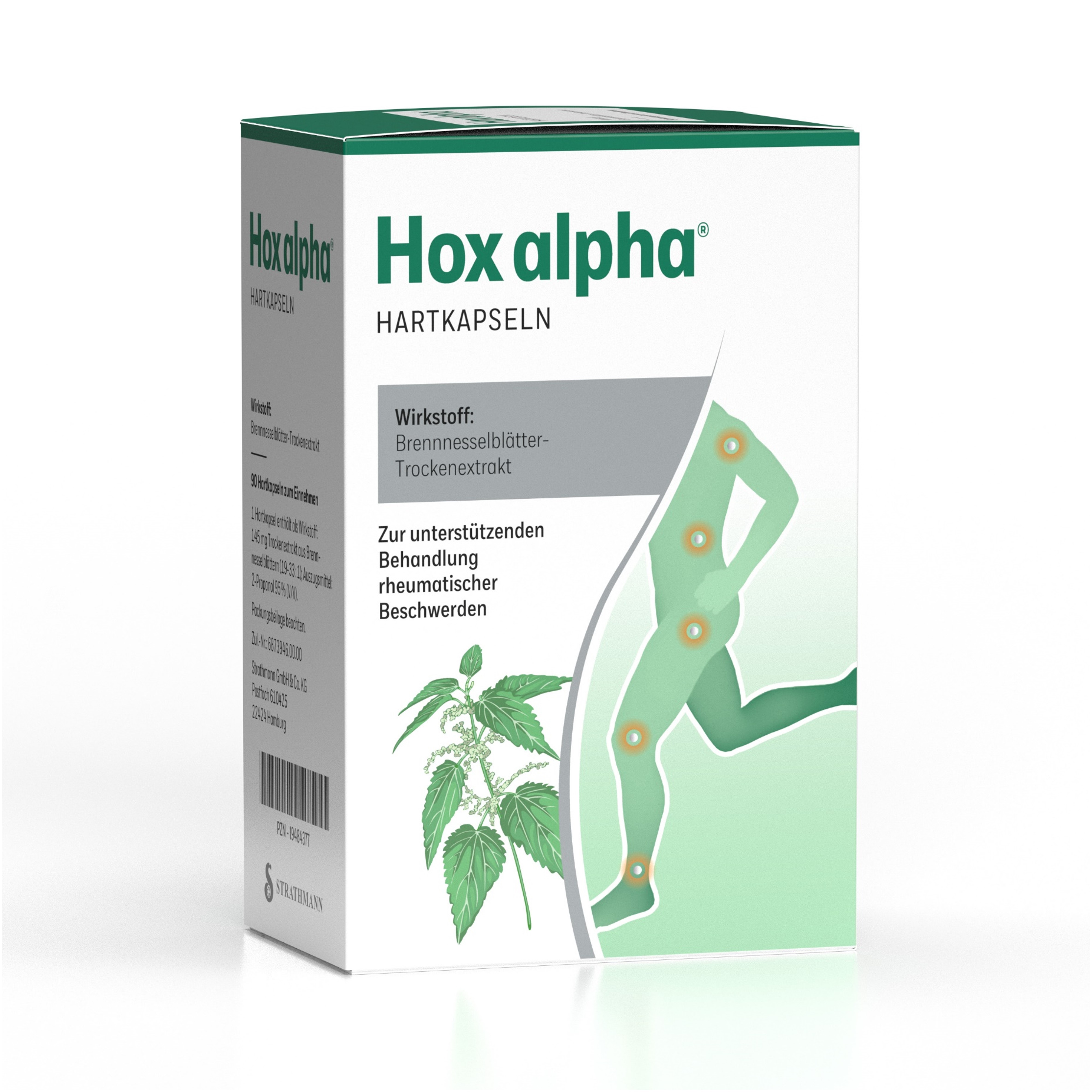 Weiß-grüne Schachtel mit Hox-Alpha-Kapseln mit einer Abbildung von Gelenkschmerzlinderungspunkten und einer Illustration von Brennnesselblättern auf der Vorderseite.