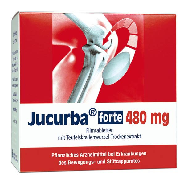Schachtel mit Jucurba forte 480 mg Tabletten, die eine Grafik eines Kniegelenks und einen deutschen Text über ein pflanzliches Arzneimittel zeigt.