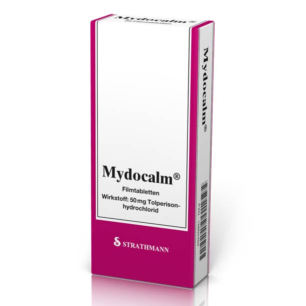 Eine Schachtel Mydocalm-Tabletten, 50 mg Tolperisonhydrochlorid, mit weiß-rosa Verpackung von Strathmann.