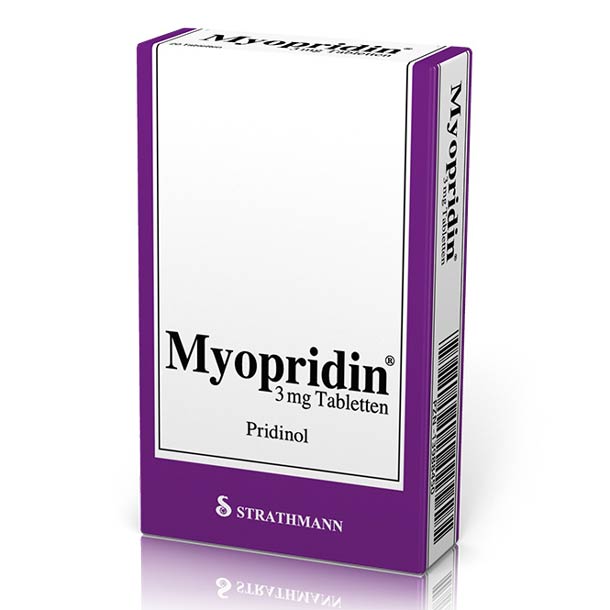 Eine Schachtel Myopridin 3 mg Tabletten Pridinol mit einem weiß-violetten Design von Strathmann.