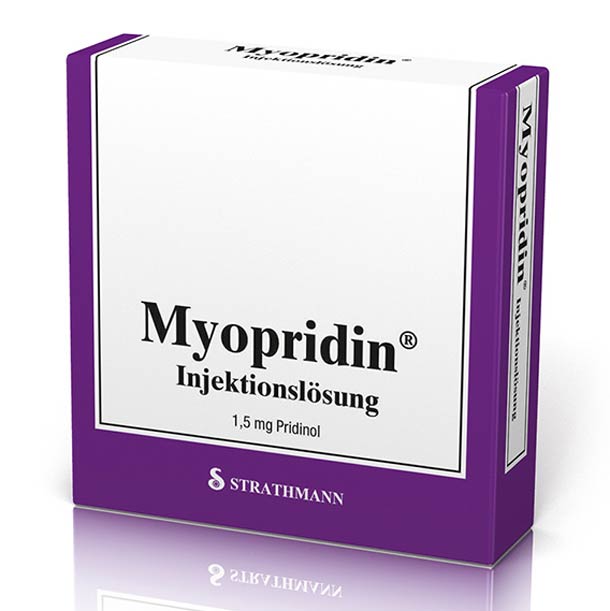 Eine Schachtel Myopridin-Injektionslösung, 1,5 mg Pridinol, von Strathmann, mit weiß-violetter Verpackung.