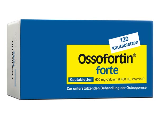 Blau-weiße Schachtel Ossofortin forte mit gelbem Detail, enthält 120 Kautabletten zur Osteoporosebehandlung mit Calcium und Vitamin D.