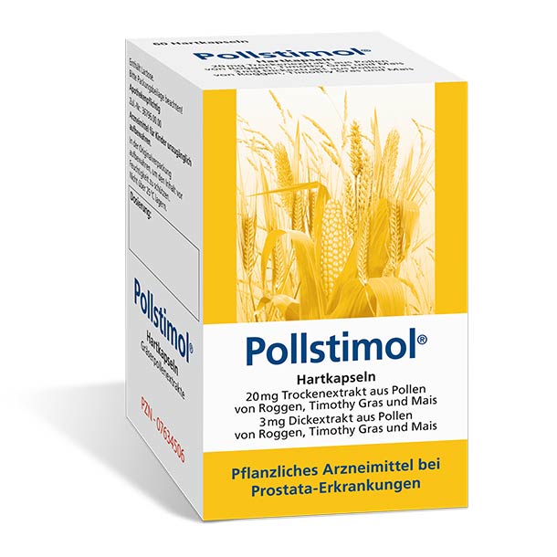 Weiß-gelbe Schachtel Pollstimol-Kapseln, ein pflanzliches Arzneimittel gegen Prostatabeschwerden, mit Bildern von Körnern und Informationen auf Deutsch auf der Verpackung.