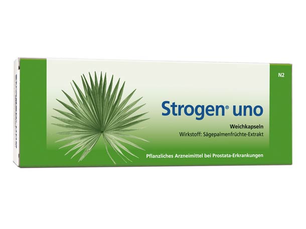 Eine Schachtel Strogen-Uno-Weichkapseln mit grünem Sägepalmblatt-Design zur Behandlung von Prostatabeschwerden. Der Text ist auf Deutsch.