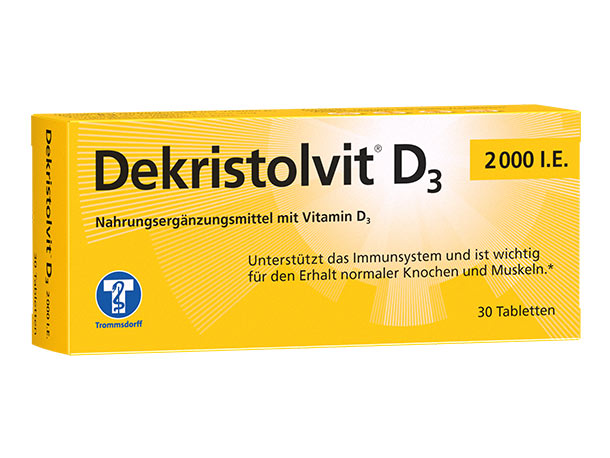 Gelbe Schachtel Dekristolvit D3, 2000 I.E., Vitamin-D3-Präparat, 30 Tabletten, mit deutscher Beschriftung.