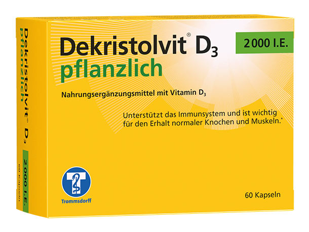 Gelbe Schachtel mit Dekristolvit D3-Ergänzungsmittel, beschriftet mit „pflanzlich“, enthält 60 Kapseln mit 2000 I.E. Vitamin D3.