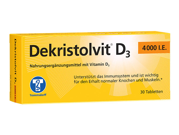 Eine gelbe Schachtel mit Dekristolvit D3 4000 I.E. Vitamin-D-Tabletten, die 30 Tabletten zur Unterstützung der Immun- und Knochengesundheit enthält.