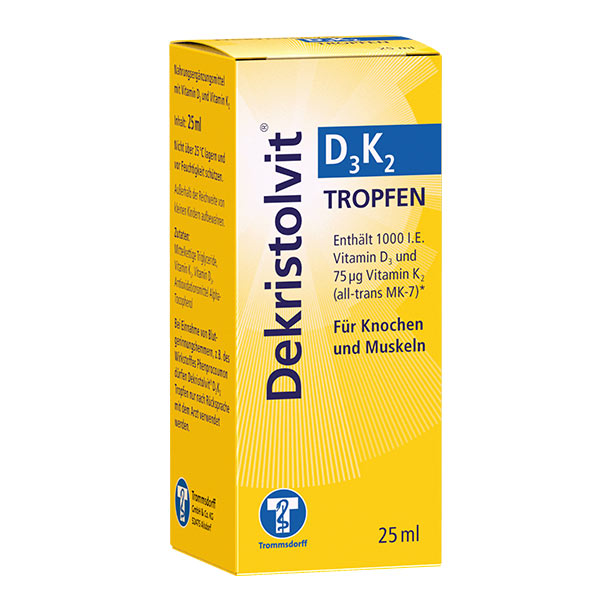 Gelbe Schachtel Dekristolvit D3 K2 Tropfen, ein Vitaminpräparat für Knochen und Muskeln, 25 ml, mit deutschem Text und blau-weißen Akzenten.