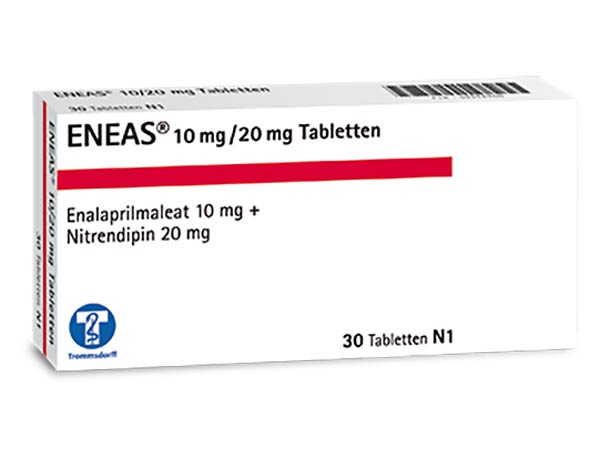 Schachtel mit ENEAS-Tabletten, 10 mg/20 mg, enthält Enalaprilmaleat und Nitrendipin, 30 Tabletten.