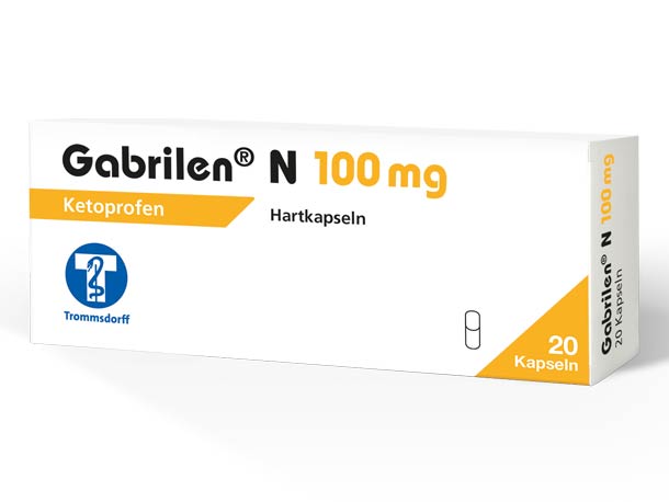 Eine Schachtel Gabrilen N 100 mg Ketoprofen-Kapseln, 20 Stück, mit weiß-oranger Verpackung und deutschem Text.