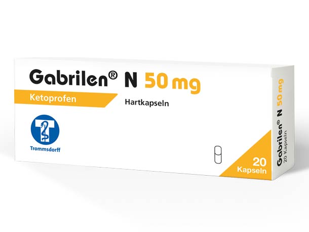 Schachtel Gabrilen N 50 mg Ketoprofen-Kapseln, 20 Stück, mit weiß-orangefarbenem Design und deutschem Text.