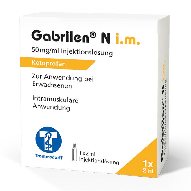 Weiße Schachtel Gabrilen N i.m. Ketoprofen 50mg/ml Injektionslösung für Erwachsene, 1x2ml, mit weiß-orangefarbenem Design und deutschem Text.