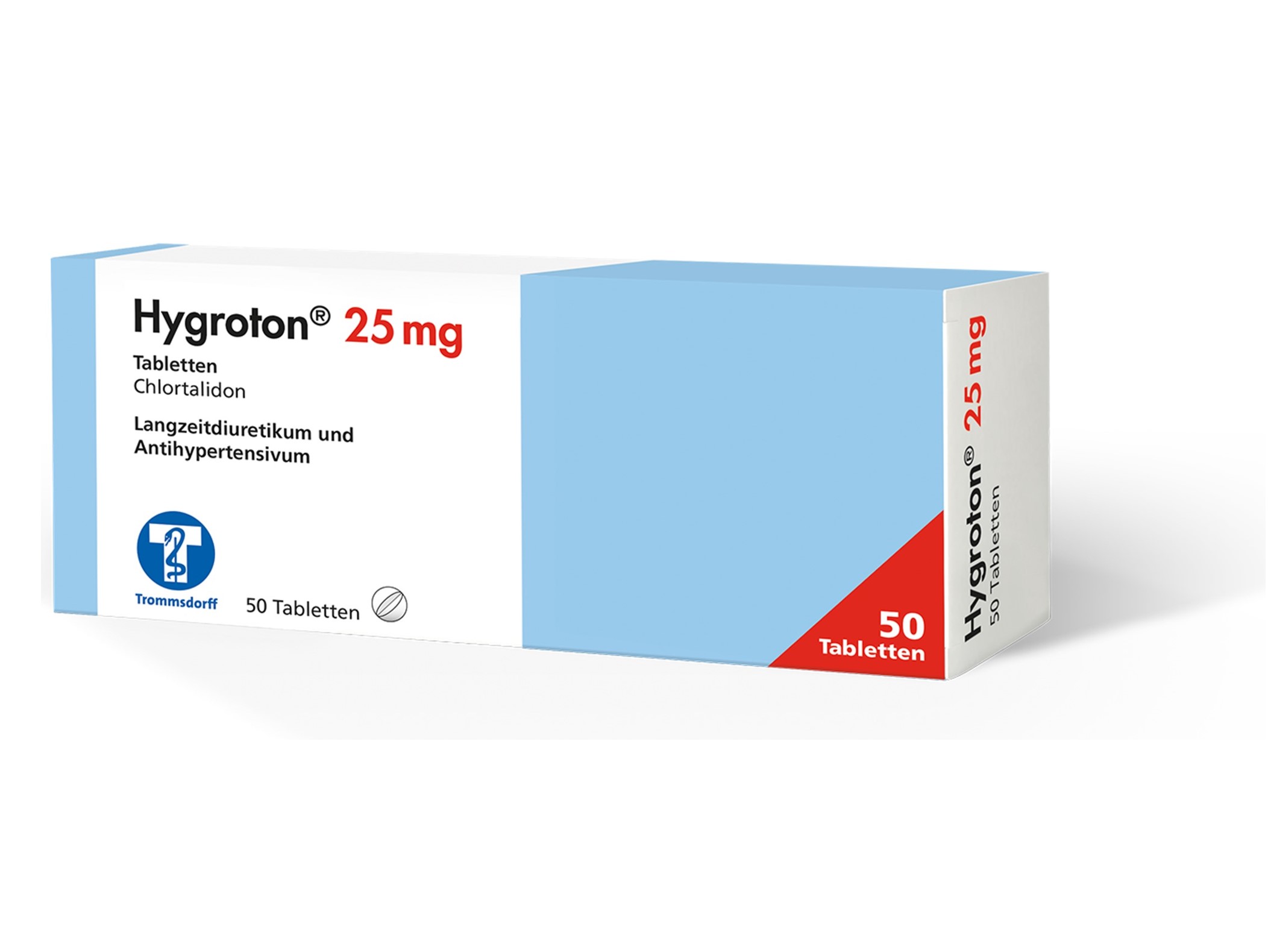 Packung mit Hygroton 25 mg Tabletten, enthält 50 Tabletten, wird als Diuretikum und blutdrucksenkendes Medikament verwendet.