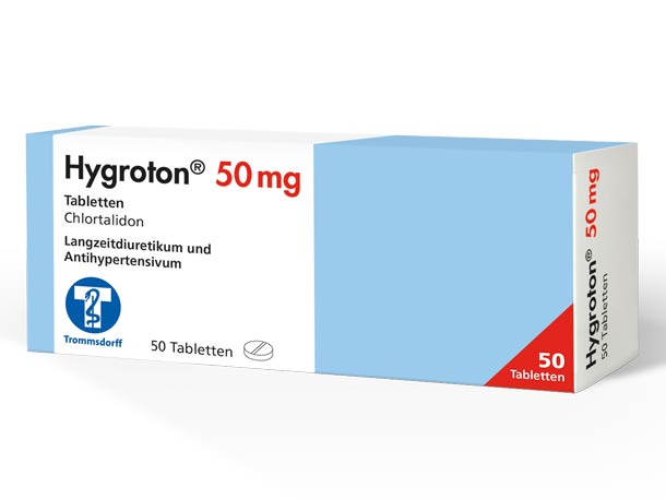 Eine Schachtel Hygroton-Tabletten zu 50 mg, die 50 Tabletten Chlortalidon enthält, das als blutdrucksenkendes Medikament verwendet wird.