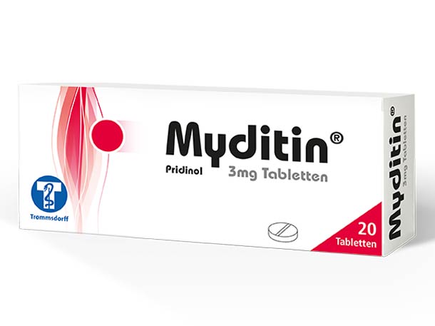 Eine Schachtel Myditin-Tabletten 3 mg, 20 Stück, mit rot-weißem Design und blauem Trommsdorff-Logo auf der Verpackung.