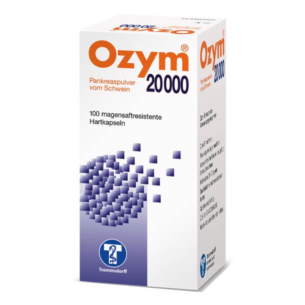 Schachtel Ozym 20000 mit 100 magensaftresistenten Hartkapseln, weiß mit orangefarbenem und lilafarbenem Text sowie grafischen Designelementen.