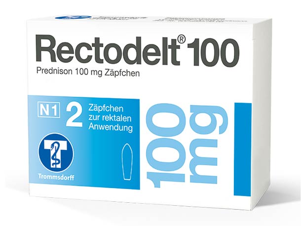 Schachtel Rectodelt 100, enthält 100 mg Prednison-Zäpfchen, mit deutschem Text und blau-weißem Design.