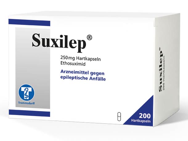 Eine weiße Schachtel mit Suxilep-Kapseln zu 250 mg, gekennzeichnet zur Behandlung epileptischer Anfälle, enthält 200 Kapseln.
