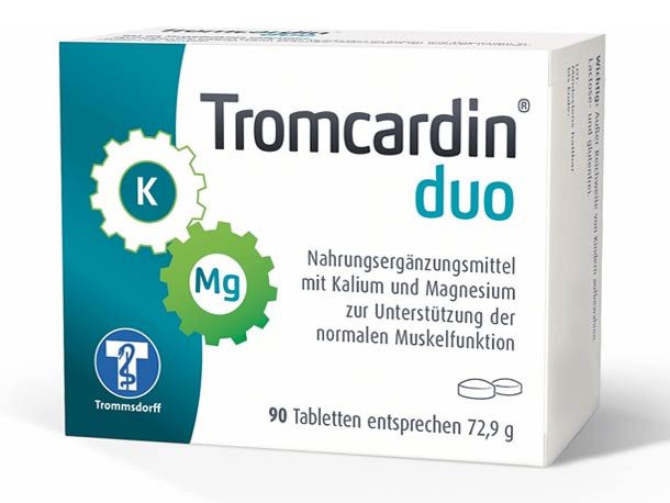 Schachtel Tromcardin Duo, ein Kalium- und Magnesiumpräparat, mit 90 Tabletten zur Unterstützung der normalen Muskelfunktion.