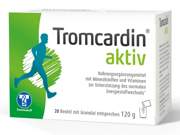 Schachtel mit Tromcardin aktiv-Ergänzungsmittel zu 120g, 20 Beutel, mit einer grünen Lauffigur, Produktdetails und deutschem Text auf der Vorderseite.