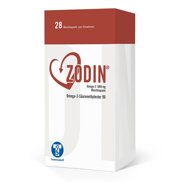 Schachtel mit ZODIN Omega-3 1000 mg Weichkapseln, enthält 28 Kapseln, weiß mit roten und blauen Akzenten.