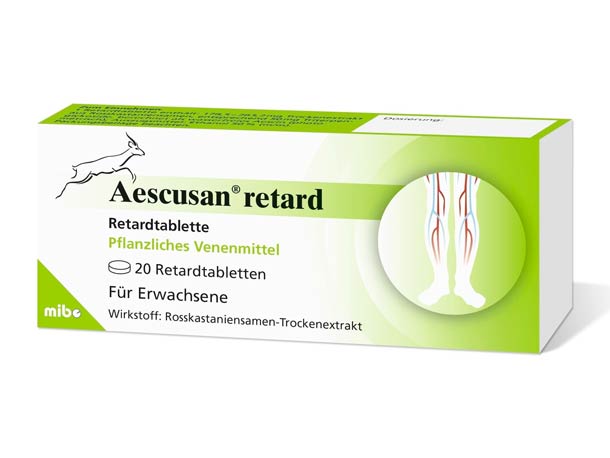 Weiß-grüne Schachtel mit 20 Aescusan Retardtabletten, einem pflanzlichen Venenmittel für Erwachsene, mit einer Abbildung von Beinen mit Venen.