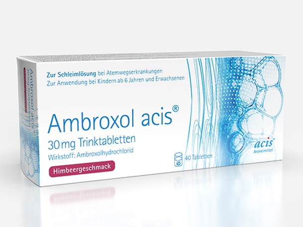 Schachtel mit Ambroxol acis 30 mg Brausetabletten bei Atemwegserkrankungen, mit Himbeergeschmack, enthält 40 Tabletten.