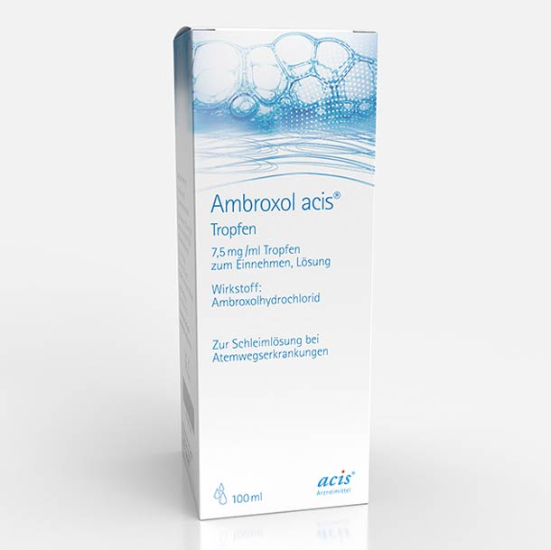 Weiße Schachtel mit Ambroxol Acis-Tropfen 100 ml mit blauem Text und Blasenmuster oben, zur Behandlung von Atemwegserkrankungen.