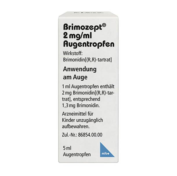 Eine weiße Schachtel Brimozept 2 mg/ml Augentropfen mit deutschem Text und blauen Akzenten, die 5 ml des Medikaments enthält.