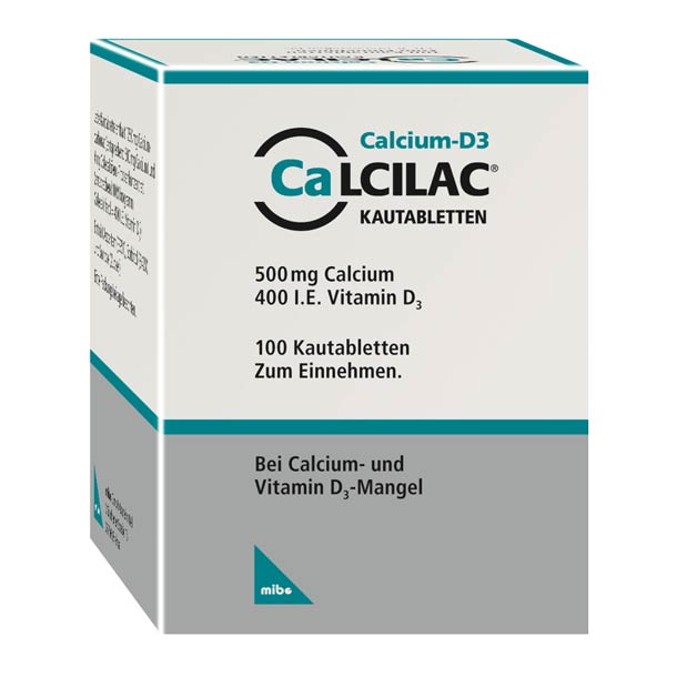 Schachtel mit Calcilac Calcium-D3-Kautabletten, enthält 500 mg Calcium und 400 IE Vitamin D3, 100 Tabletten.