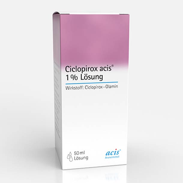 Eine weiß-rosa Schachtel mit der Aufschrift „Ciclopirox acis 1 Lösung“, eine 50 ml große medizinische Lösung mit Ciclopirox-Olamin.