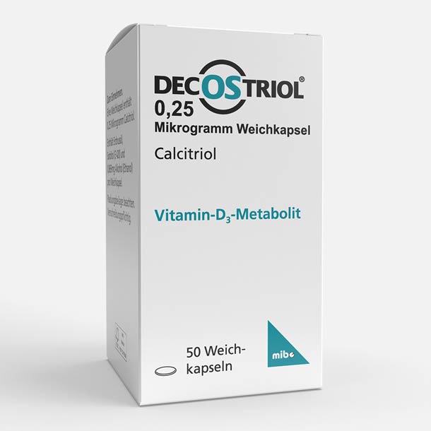 Weiße Schachtel mit Decostriol-Kapseln 0,25 Mikrogramm, gekennzeichnet als Calcitriol, Vitamin D3-Metabolit, enthält 50 Weichkapseln.