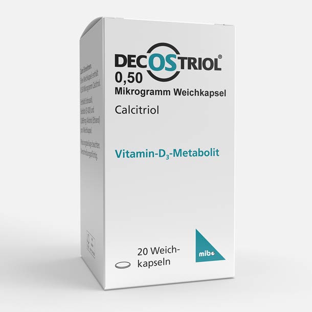 Eine Schachtel Decostriol 0,50 Mikrogramm Weichkapseln, beschriftet mit Calcitriol (Vitamin-D3-Metabolit), enthält 20 Kapseln von mibe.