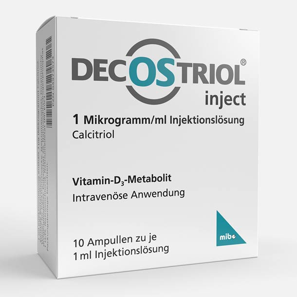 Eine weiße Schachtel Decostriol Inject mit 1 Mikrogramm/ml Calcitriol-Injektionslösung, versehen mit deutschem Text und türkisfarbenen Akzenten auf der Verpackung.