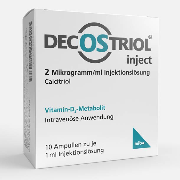 Eine weiße Schachtel Decostriol Inject mit 2 Mikrogramm/ml Calcitriol-Injektionslösung, versehen mit deutschem Text und türkisfarbenen Akzenten auf der Verpackung.