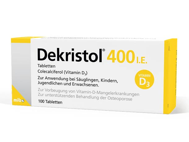 Dekristol 400 I.E. Tablettenschachtel mit weiß-gelbem Design, deutscher Beschriftung und 100 Tabletten; enthält Colecalciferol (Vitamin D3).