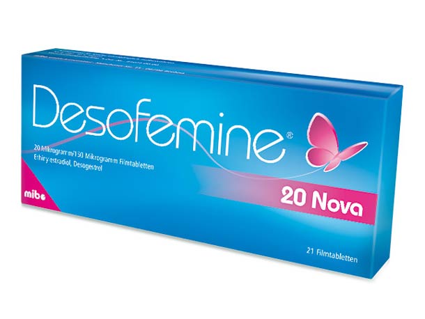 Blaue Schachtel mit Antibabypillen Desofemine 20 Nova, 21 Filmtabletten, mit einem rosa Schmetterling und weißem Text auf der Verpackung.