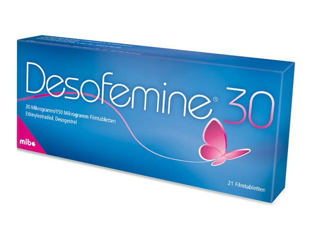 Eine blaue Schachtel Desofemine 30 mit einem rosa Schmetterlingsdesign und weißem Text, die 21 Tabletten enthält.
