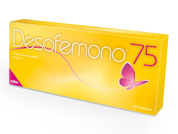 Gelbe Schachtel mit der Antibabypille Desofemono 75, 28 Filmtabletten, mit einer rosa Schmetterlingsillustration und weißem Text.
