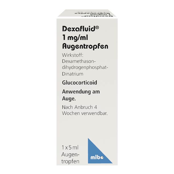Weiße Schachtel mit Dexafluid 1 mg/ml Augentropfen mit deutschem Text und blauen Akzenten, verwendet als Glukokortikoid zur Augenbehandlung.