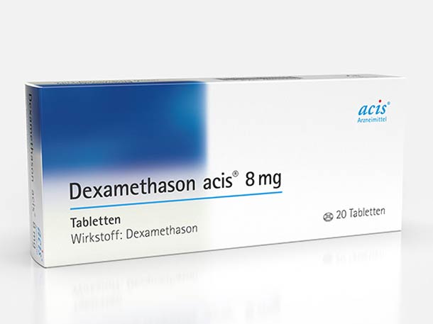 Eine Schachtel Dexamethason acis, 8 mg, enthält 20 Tabletten und hat eine blau-weiße Verpackung.