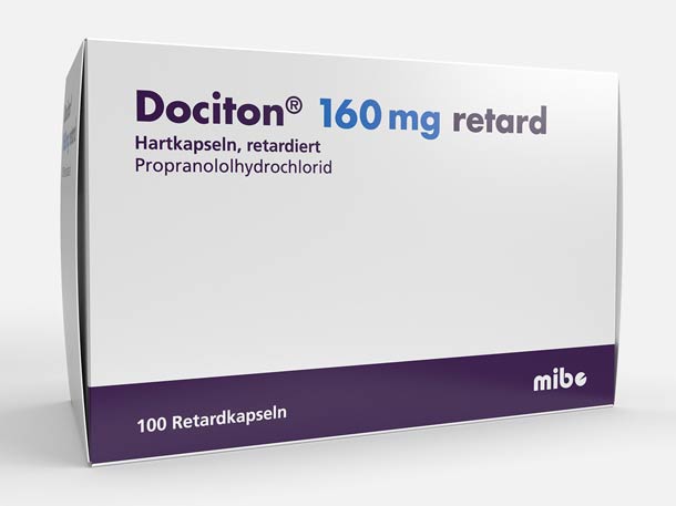 Weiße Schachtel mit dunkelvioletten Akzenten des Dociton 160 mg Retard von mibe, enthält 100 Retardkapseln.